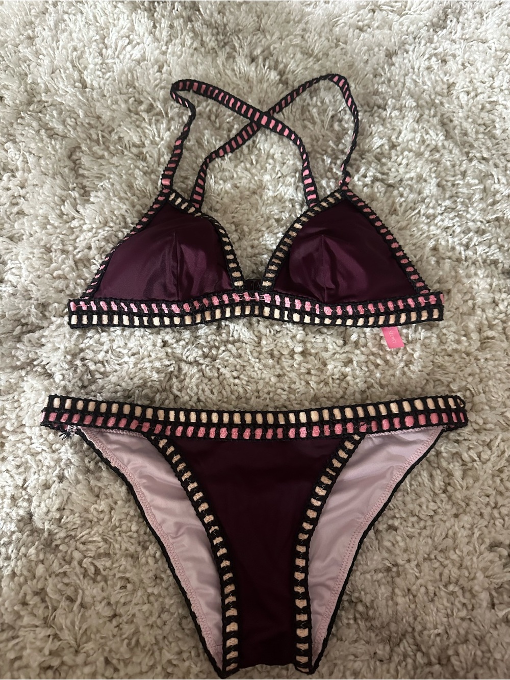 Victoria's Secret Burgundy Bikini with Pink Crochet Trim